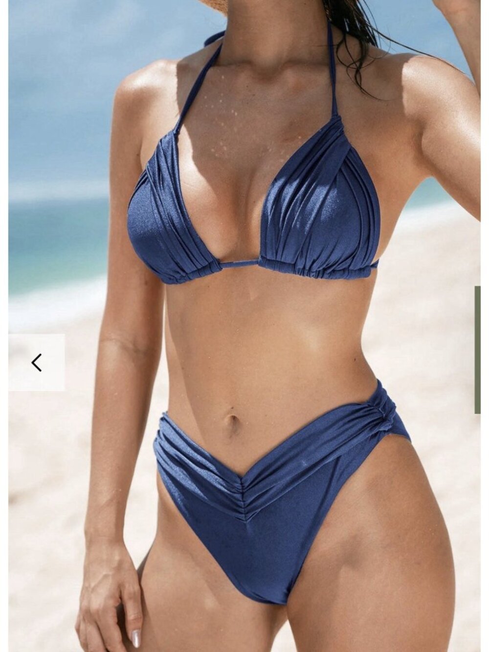 Berlook M Medium Navy Blue Satin Triangle Bikini Ruched String Tie Top NEW